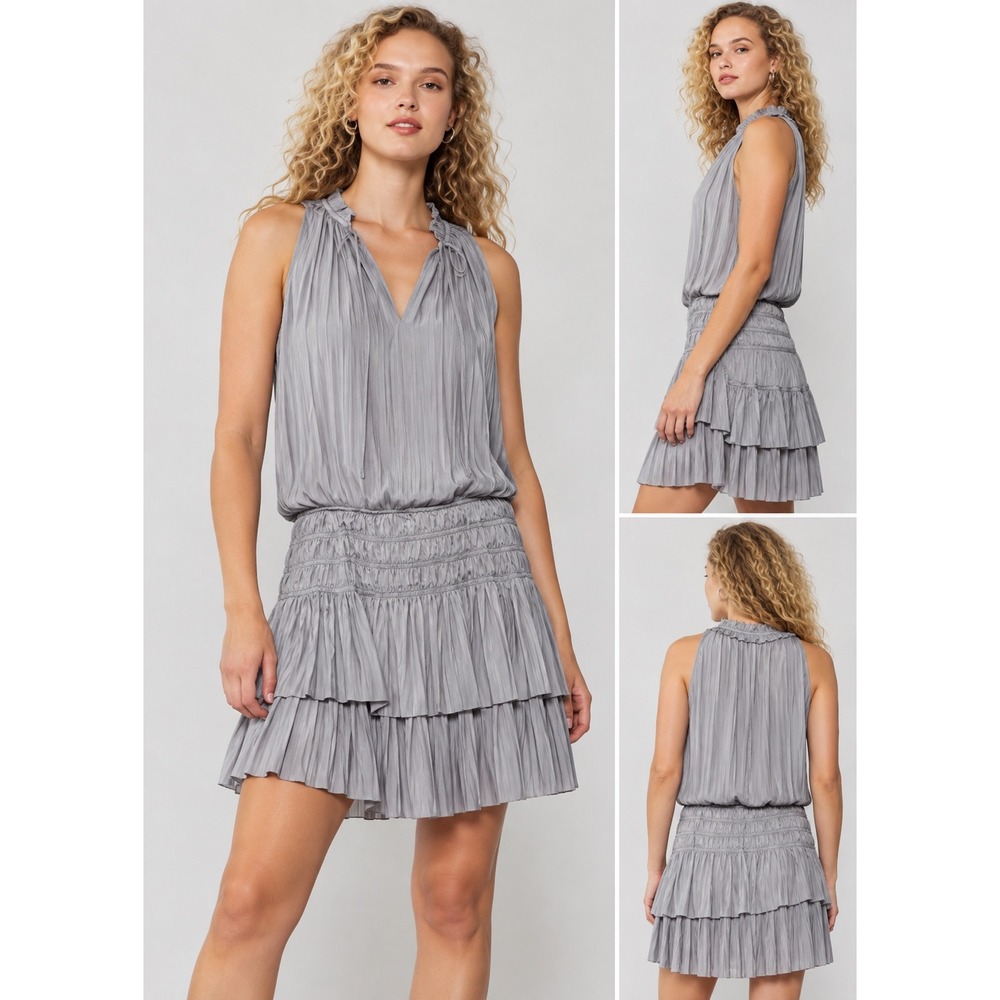 Current Air Cara Plissé Ruffle Mini Dress Women Medium Grey